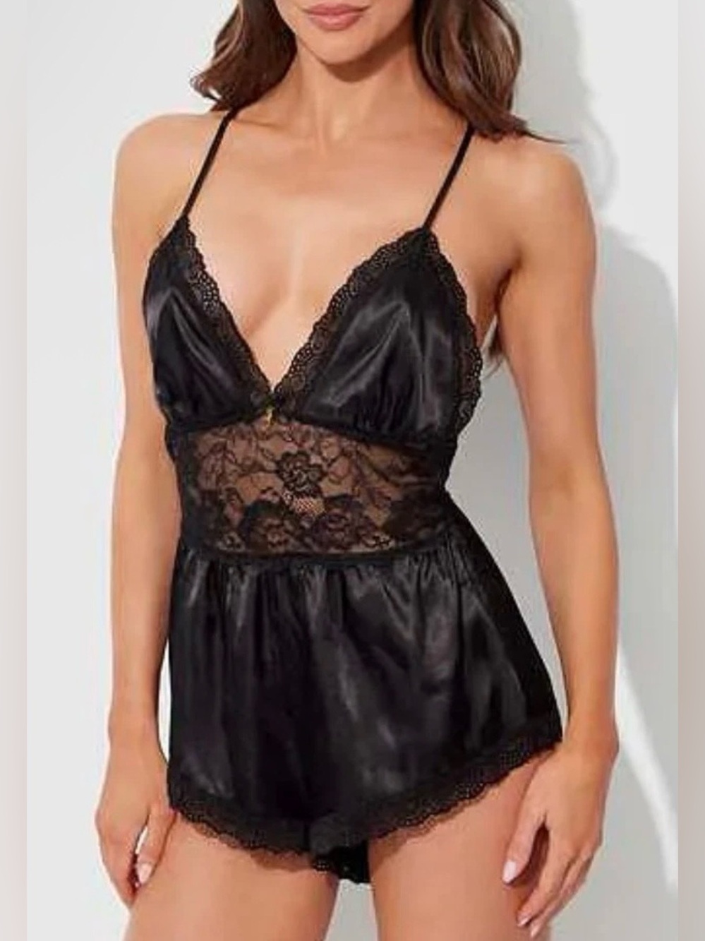 EUC black satin and lace lingerie romper